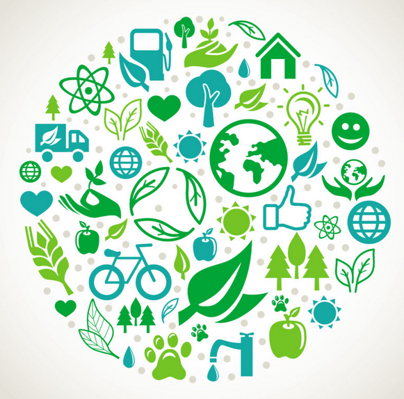 Environmental health icons including recycling, clean energy, and nature symbols