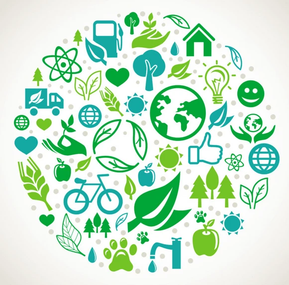 Environmental health icons including recycling, clean energy, and nature symbols